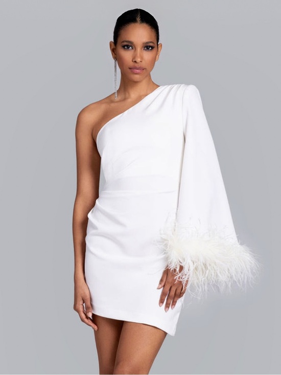 Ghrail Dresses & Skirts - Ghrail Ellis Ivory Feather-Trim One-Shoulder Crepe Mini Dress Sz S MSRP $270 NEW